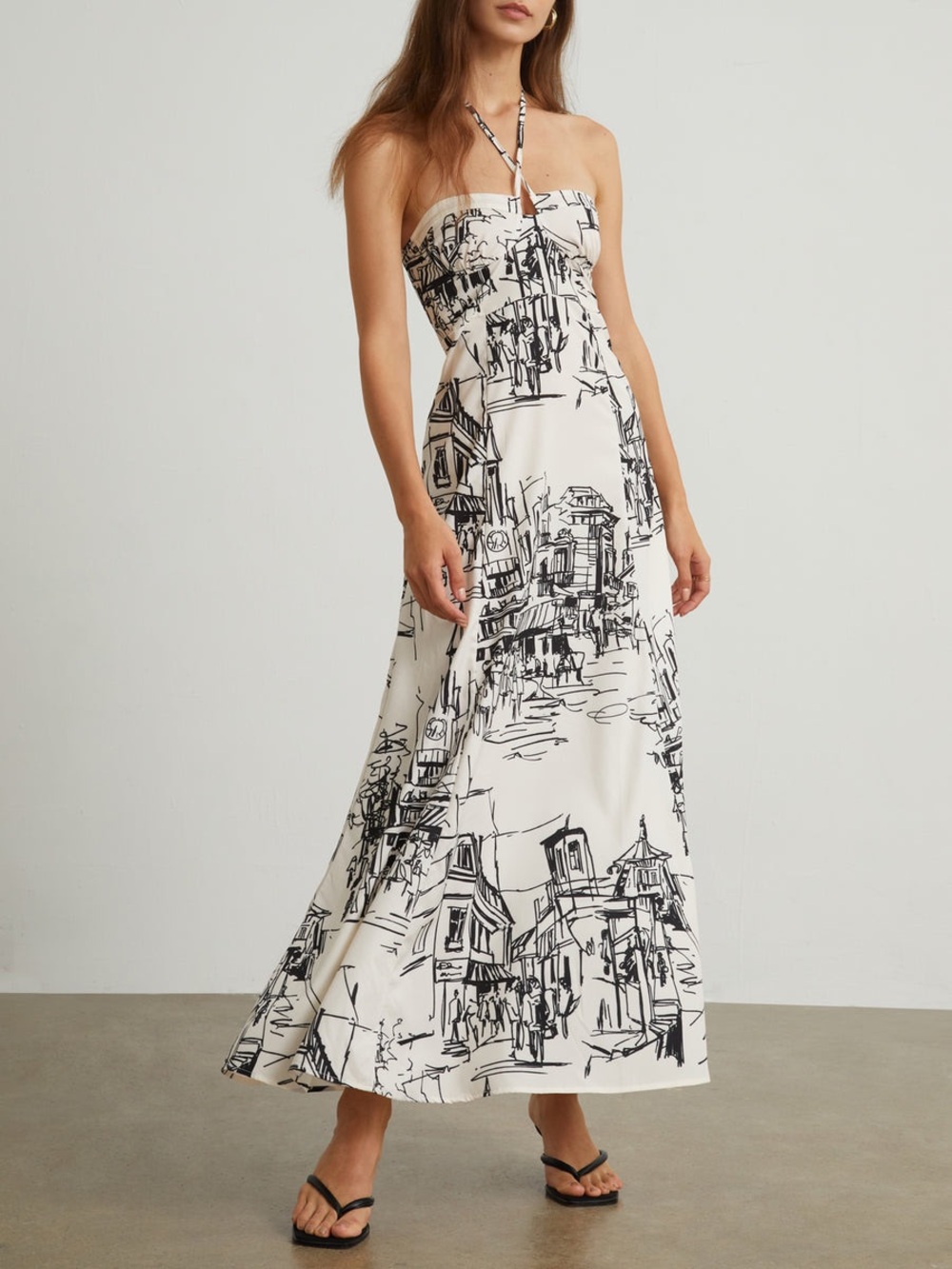 Commense White Maxi Dress with Black Sketch Print